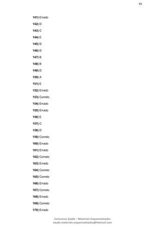 93
Concursos Saúde – Materiais Esquematizados
saude.materiais.esquematizados@hotmail.com
141) Errado
142) D
143) C
144) E
145) D
146) D
147) B
148) B
149) D
150) A
151) E
152) Errado
153) Correto
154) Errado
155) Errado
156) E
157) C
158) D
159) Correto
160) Errado
161) Errado
162) Correto
163) Errado
164) Correto
165) Correto
166) Errado
167) Correto
168) Errado
169) Correto
170) Errado
 