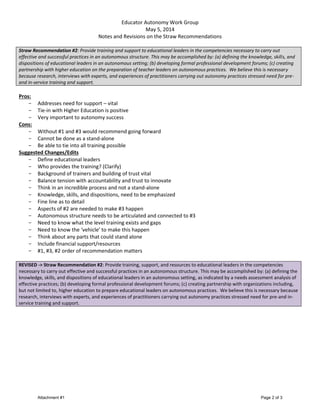 Educator Autonomy Work Group
May 5, 2014
Notes and Revisions on the Straw Recommendations
Straw Recommendation #2: Provide training and support to educational leaders in the competencies necessary to carry out
effective and successful practices in an autonomous structure. This may be accomplished by: (a) defining the knowledge, skills, and
dispositions of educational leaders in an autonomous setting; (b) developing formal professional development forums; (c) creating
partnership with higher education on the preparation of teacher leaders on autonomous practices. We believe this is necessary
because research, interviews with experts, and experiences of practitioners carrying out autonomy practices stressed need for pre-
and in-service training and support.
Pros:
- Addresses need for support – vital
- Tie-in with Higher Education is positive
- Very important to autonomy success
Cons:
- Without #1 and #3 would recommend going forward
- Cannot be done as a stand-alone
- Be able to tie into all training possible
Suggested Changes/Edits
- Define educational leaders
- Who provides the training? (Clarify)
- Background of trainers and building of trust vital
- Balance tension with accountability and trust to innovate
- Think in an incredible process and not a stand-alone
- Knowledge, skills, and dispositions, need to be emphasized
- Fine line as to detail
- Aspects of #2 are needed to make #3 happen
- Autonomous structure needs to be articulated and connected to #3
- Need to know what the level training exists and gaps
- Need to know the ‘vehicle’ to make this happen
- Think about any parts that could stand alone
- Include financial support/resources
- #1, #3, #2 order of recommendation matters
REVISED -> Straw Recommendation #2: Provide training, support, and resources to educational leaders in the competencies
necessary to carry out effective and successful practices in an autonomous structure. This may be accomplished by: (a) defining the
knowledge, skills, and dispositions of educational leaders in an autonomous setting, as indicated by a needs assessment analysis of
effective practices; (b) developing formal professional development forums; (c) creating partnership with organizations including,
but not limited to, higher education to prepare educational leaders on autonomous practices. We believe this is necessary because
research, interviews with experts, and experiences of practitioners carrying out autonomy practices stressed need for pre-and in-
service training and support.
Attachment #1 Page 2 of 3
 
