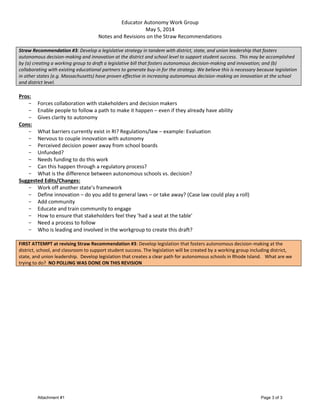 Educator Autonomy Work Group
May 5, 2014
Notes and Revisions on the Straw Recommendations
Straw Recommendation #3: Develop a legislative strategy in tandem with district, state, and union leadership that fosters
autonomous decision-making and innovation at the district and school level to support student success. This may be accomplished
by (a) creating a working group to draft a legislative bill that fosters autonomous decision-making and innovation; and (b)
collaborating with existing educational partners to generate buy-in for the strategy. We believe this is necessary because legislation
in other states (e.g. Massachusetts) have proven effective in increasing autonomous decision-making an innovation at the school
and district level.
Pros:
- Forces collaboration with stakeholders and decision makers
- Enable people to follow a path to make it happen – even if they already have ability
- Gives clarity to autonomy
Cons:
- What barriers currently exist in RI? Regulations/law – example: Evaluation
- Nervous to couple innovation with autonomy
- Perceived decision power away from school boards
- Unfunded?
- Needs funding to do this work
- Can this happen through a regulatory process?
- What is the difference between autonomous schools vs. decision?
Suggested Edits/Changes:
- Work off another state’s framework
- Define innovation – do you add to general laws – or take away? (Case law could play a roll)
- Add community
- Educate and train community to engage
- How to ensure that stakeholders feel they ‘had a seat at the table’
- Need a process to follow
- Who is leading and involved in the workgroup to create this draft?
FIRST ATTEMPT at revising Straw Recommendation #3: Develop legislation that fosters autonomous decision-making at the
district, school, and classroom to support student success. The legislation will be created by a working group including district,
state, and union leadership. Develop legislation that creates a clear path for autonomous schools in Rhode Island. What are we
trying to do? NO POLLING WAS DONE ON THIS REVISION
Attachment #1 Page 3 of 3
 