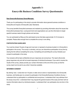 i
Appendix 1-
Emeryville Business Conditions Survey Questionnaire
Dear Emeryville Business Owner/Manager,
Thank you for pa...