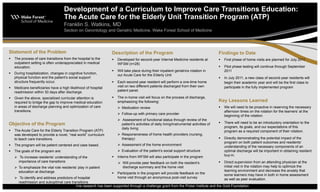 Development of a Curriculum to Improve Care Transitions Education:
                                    The Acute Care for the Elderly Unit Transition Program (ATP)
                                    Franklin S. Watkins, MD
                                    Section on Gerontology and Geriatric Medicine, Wake Forest School of Medicine




Statement of the Problem                                        Description of the Program                                              Findings to Date
   The process of care transitions from the hospital to the       Developed for second-year Internal Medicine residents at               First phase of home visits are planned for July 2011
    outpatient setting is often underappreciated in medical         WFSM (n=28)
    education.                                                                                                                             Pilot phase testing will continue through September
                                                                   Will take place during their inpatient geriatrics rotation in           2011
   During hospitalization, changes in cognitive function,          our Acute Care for the Elderly Unit
    physical function and the patient’s social support                                                                                     In July 2011, a new class of second-year residents will
    structure frequently occur.                                    Each second-year resident will perform a one-time home                  begin their academic year and will be the first class to
   Medicare beneficiaries have a high likelihood of hospital       visit on two different patients discharged from their own               participate in the fully implemented program
    readmission within 30 days after discharge.                     patient panel.

   Given the above, specialized curricular attention is           The in-home visit will focus on the process of discharge,
    required to bridge the gap to improve medical education         emphasizing the following:                                          Key Lessons Learned
    in areas of discharge planning and optimization of care          Medication review                                                    We will need to be proactive in reserving the necessary
    transitions.                                                                                                                            afternoon times on the rotation for the learners’ at the
                                                                     Follow-up with primary care provider
                                                                                                                                            beginning of the rotation.
                                                                     Assessment of functional status through review of the
Objective of the Program                                              patient’s activities of daily living/instrumental activities of      There will need to be an introductory orientation to the
                                                                      daily living                                                          program, its goals, and our expectations of this
   The Acute Care for the Elderly Transition Program (ATP)                                                                                 program as a required component of their rotation.
    was developed to provide a novel, “real world” curriculum        Responsiveness of home health providers (nursing,
    to teach care transitions.                                        therapy)                                                             Directly demonstrating the potential impact of the
                                                                                                                                            program on both patient outcomes and residents’
   The program will be patient centered and case based.             Assessment of the home environment
                                                                                                                                            understanding of the necessary components of an
   The goals of the program are:                                    Evaluation of the patient’s social support structure                  optimal discharge will be important in obtaining resident
                                                                                                                                           buy-in.
     To increase residents’ understanding of the                   Interns from WFSM will also participate in the program
      importance of care transitions                                 Will provide peer feedback on both the resident’s                    Direct supervision from an attending physician at the
     To emphasize the vital role residents’ play in patient          discharge summary and the home visit                                  initial visit in the rotation may help to optimize the
      education at discharge                                                                                                                learning environment and decrease the anxiety that
                                                                   Participants in the program will provide feedback on the                some learners may have in both in home assessment
     To identify and address predictors of hospital                home visit through an anonymous post-visit survey                       as well as peer evaluation.
      readmission and suboptimal care transitions
                                          This research has been supported through a challenge grant from the Picker Institute and the Gold Foundation
 