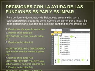 1. Escribe los números de los carnés
2. Ingresa en la celda B2
=ES.PAR(A2) y copia hasta la celda
B11
3. Escribe en la celda A14
=CONTAR.SI(B2:B11;”VERDADERO”
) para saber cuantos números pares
hay.
4. Escribe en la celda A15
=CONTAR.SI(B2:B11;”FALSO”) para
saber cuantos números impares hay.
5. Escribe en la celda B14
Para conformar dos equipos de Baloncesto en un salón, van a
seleccionarse los jugadores por el número del carné, par o impar. Se
debe determinar si quedan con la misma cantidad de integrantes así.
1
2
3
4
5
 