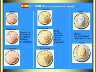 ESPANHA – faces nacionais          (tema)
                             10 cêntimos
1 cêntimo                                                              1 Euro




2 cêntimos                   20 cêntimos
                                            Efígie
             Catedral de                    de Miguel
             Santiago de                                           Efígie do
                                            Cervantes,             Rei Juan Carlos I
             Compostela.                    "pai da
             Fachada                                               de Borbon Y Borbon
                                            literatura
             do Obradoiro.                  espanhola."                2 Euro


5 cêntimos                    50 cêntimos
 