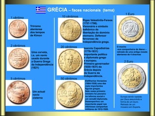 GRÉCIA – faces nacionais              (tema)
                                                                                1 Euro
1 cêntimo                       10 cêntimos
                                              Rigas Velestinlis-Fereos
                                              (1757-1798).
             Trirremo                         Visionário e símbolo
             ateniense                        balkânico da
             dos tempos                       libertação do domínio
             de Kimon                         otomano. Defensor
                                              fervoroso da
                                              independência grega.
2 cêntimos                      20 cêntimos                              O mocho
                                              Ioannis Capodistrias       -ave companheira de Atena –
             Uma corveta,                     (1776-1831)                retirado de uma antiga moeda
             i.e. um navio                    Importante político        ateniense de 4 dracmas
             usado durante                    e diplomata grego
             a Guerra Grega                   e europeu.                       2 Euro
             da Independência                 Primeiro governador
             (1821)                           (1830-1831) da
                                              Grécia depois
                                              da Guerra da
                                              Independência.
5 cêntimos                      50 cêntimos
                                               Eleftherios Venizelos
                                               (1864-1936) uma das
                                               mais importantes
                                               figuras gregas.
              Um actual                        Sete vezes primeiro
                                               ministro foi pioneiro
              navio
                                               na reforma social e          Europa sendo raptada
              cisterna                         um versátil diplomata.       por Zeus assumindo a
                                               Desempenhou um               forma de um touro.
                                               importante papel nas         Retirado de um
                                               vitoriosas campanhas         mosaico em Esparta.
                                               militares de 1912-1920.
 