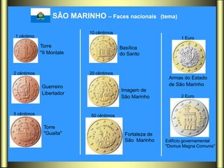 SÃO MARINHO – Faces nacionais            (tema)

                            10 cêntimos
1 cêntimo                                                           1 Euro
             Torre                        Basílica
             "II Montale                  do Santo


2 cêntimos                  20 cêntimos
                                                              Armas do Estado
             Guerreiro                                        de São Marinho
                                          Imagem de
             Libertador
                                          São Marinho               2 Euro



5 cêntimos                  50 cêntimos

              Torre
              "Guaita"                      Fortaleza de
                                            São Marinho     Edifício governamental
                                                            "Domus Magna Comunis"
 
