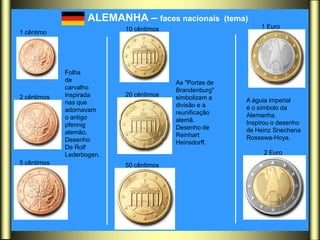 ALEMANHA – faces nacionais           (tema)
                           10 cêntimos                             1 Euro
1 cêntimo




             Folha
             de                          As "Portas de
             carvalho                    Brandenburg"
2 cêntimos   inspirada     20 cêntimos   simbolizam a
             nas que                                          A águia imperial
                                         divisão e a          é o símbolo da
             adornavam                   reunificação
             o antigo                                         Alemanha.
                                         alemã.               Inspirou o desenho
             pfennig                     Desenho de
             alemão.                                          de Heinz Snechana
                                         Reinhart             Rossewa-Hoya.
             Desenho                     Heinsdorff.
             De Rolf
             Lederbogen.                                           2 Euro
5 cêntimos                 50 cêntimos
 