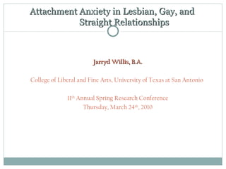 Attachment Anxiety in Lesbian, Gay, and   Straight Relationships Jarryd Willis, B.A. College of Liberal and Fine Arts, University of Texas at San Antonio 11 th  Annual Spring Research Conference Thursday, March 24 th , 2010 