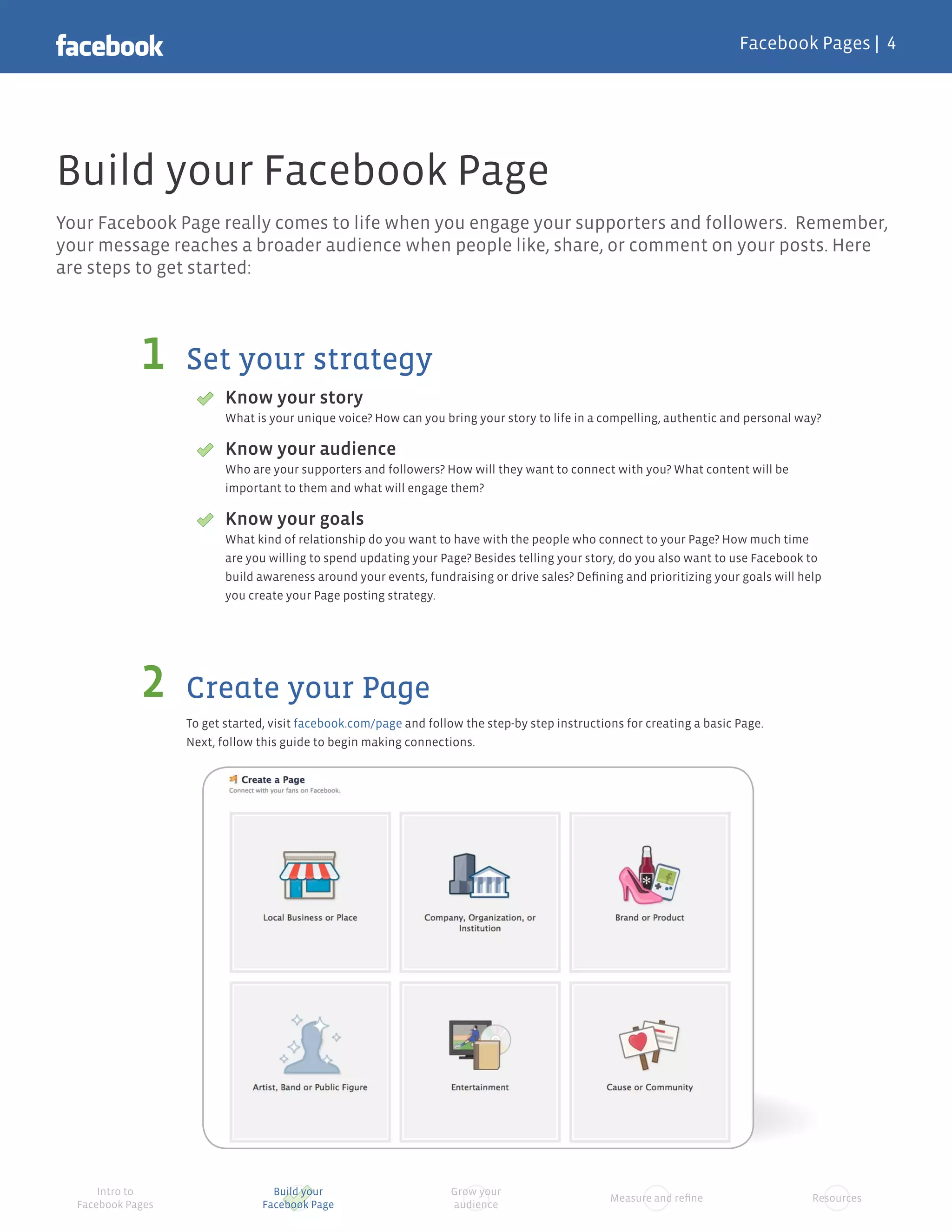Facebook Pages |




Build your Facebook Page
Your Facebook Page really comes to life when you engage your supporters and followers. Remember,
your message reaches a broader audience when people like, share, or comment on your posts. Here
are steps to get started:




                   Set your strategy
                          Know your story
                          What is your unique voice? How can you bring your story to life in a compelling, authentic and personal way?

                          Know your audience
                          Who are your supporters and followers? How will they want to connect with you? What content will be
                          important to them and what will engage them?

                          Know your goals
                          What kind of relationship do you want to have with the people who connect to your Page? How much time
                          are you willing to spend updating your Page? Besides telling your story, do you also want to use Facebook to
                          build awareness around your events, fundraising or drive sales? Deﬁning and prioritizing your goals will help
                          you create your Page posting strategy.




                   Create your Page
                   To get started, visit facebook.com/page and follow the step-by step instructions for creating a basic Page.
                   Next, follow this guide to begin making connections.




      Intro to                     Build your                       Grow your
                                                                                                 Measure and reﬁne                   Resources
  Facebook Pages                 Facebook Page                      audience
 
