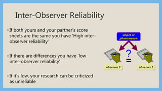 Inter-Observer Reliability
◦ If both yours and your partner’s score
sheets are the same you have ‘High inter-
observer reliability’
◦ If there are differences you have ‘low
inter-observer reliability’
◦ If it’s low, your research can be criticized
as unreliable
 