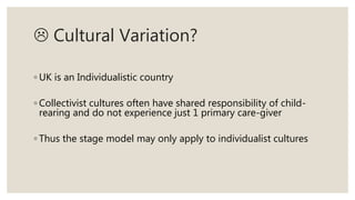  Cultural Variation?
◦ UK is an Individualistic country
◦ Collectivist cultures often have shared responsibility of child-
rearing and do not experience just 1 primary care-giver
◦ Thus the stage model may only apply to individualist cultures
 