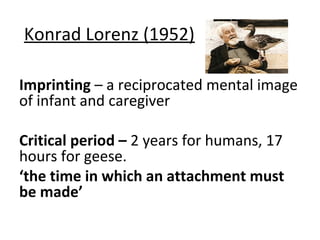 Konrad Lorenz (1952)
Imprinting – a reciprocated mental image
of infant and caregiver
Critical period – 2 years for humans, 17
hours for geese.
‘the time in which an attachment must
be made’
 