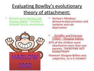 Evaluating Bowlby’s evolutionary
theory of attachment:
• Backed up by Harlow and
Harlow (1962) – monkey’s
showed secure attachment.
• Harlow’s Monkeys
demonstrated privation and
isolation and not
deprivation
• Schaffer and Emerson
(1964) – Glasgow babies.
87% of the children were
attached to more than one
parents. THEREFORE NOT
MONOTROPY
However Glasgow Babies was
subjective, so is it reliable?
 