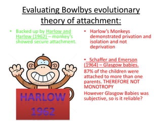 Evaluating Bowlbys evolutionary
         theory of attachment:
• Backed up by Harlow and     • Harlow’s Monkeys
  Harlow (1962) – monkey’s      demonstrated privation and
  showed secure attachment.     isolation and not
                                deprivation

                              • Schaffer and Emerson
                              (1964) – Glasgow babies.
                              87% of the children were
                              attached to more than one
                              parents. THEREFORE NOT
                              MONOTROPY
                              However Glasgow Babies was
                              subjective, so is it reliable?
 