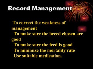 Record Management     To correct the weakness of management    To make sure the breed chosen are good    To make sure the feed is good    To minimize the mortality rate    Use suitable medication. 