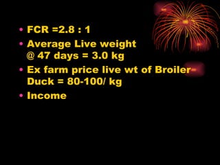 FCR =2.8 : 1 Average Live weight @ 47 days = 3.0 kg Ex farm price live wt of Broiler Duck = 80-100/ kg Income    