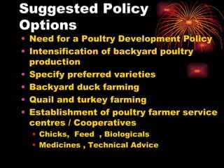 Suggested Policy Options Need for a Poultry Development Policy Intensification of backyard poultry production Specify preferred varieties Backyard duck farming Quail and turkey farming Establishment of poultry farmer service centres / Cooperatives Chicks,  Feed  , Biologicals Medicines , Technical Advice 