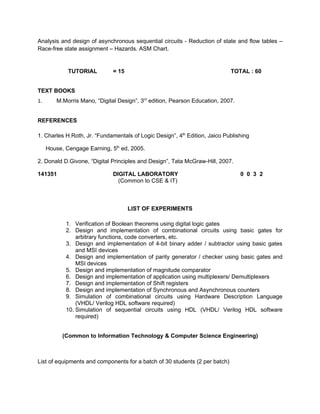 Analysis and design of asynchronous sequential circuits - Reduction of state and flow tables –
Race-free state assignment – Hazards. ASM Chart.


             TUTORIAL          = 15                                          TOTAL : 60


TEXT BOOKS
1.       M.Morris Mano, “Digital Design”, 3rd edition, Pearson Education, 2007.


REFERENCES

1. Charles H.Roth, Jr. “Fundamentals of Logic Design”, 4th Edition, Jaico Publishing

     House, Cengage Earning, 5th ed, 2005.

2. Donald D.Givone, “Digital Principles and Design”, Tata McGraw-Hill, 2007.

141351                         DIGITAL LABORATORY                                 0 0 3 2
                                 (Common to CSE & IT)



                                      LIST OF EXPERIMENTS

            1. Verification of Boolean theorems using digital logic gates
            2. Design and implementation of combinational circuits using basic gates for
                arbitrary functions, code converters, etc.
            3. Design and implementation of 4-bit binary adder / subtractor using basic gates
                and MSI devices
            4. Design and implementation of parity generator / checker using basic gates and
                MSI devices
            5. Design and implementation of magnitude comparator
            6. Design and implementation of application using multiplexers/ Demultiplexers
            7. Design and implementation of Shift registers
            8. Design and implementation of Synchronous and Asynchronous counters
            9. Simulation of combinational circuits using Hardware Description Language
                (VHDL/ Verilog HDL software required)
            10. Simulation of sequential circuits using HDL (VHDL/ Verilog HDL software
                required)


           (Common to Information Technology & Computer Science Engineering)



List of equipments and components for a batch of 30 students (2 per batch)
 