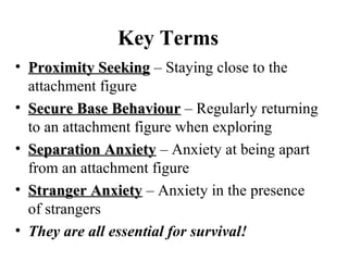 Key Terms 
• PPrrooxxiimmiittyy SSeeeekkiinngg – Staying close to the 
attachment figure 
• SSeeccuurree BBaassee BBeehhaavviioouurr – Regularly returning 
to an attachment figure when exploring 
• SSeeppaarraattiioonn AAnnxxiieettyy – Anxiety at being apart 
from an attachment figure 
• SSttrraannggeerr AAnnxxiieettyy – Anxiety in the presence 
of strangers 
• They are all essential for survival! 
 