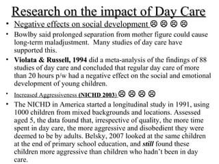Research oonn tthhee iimmppaacctt ooff DDaayy CCaarree 
• Negative effects on social development     
• Bowlby said prolonged separation from mother figure could cause 
long-term maladjustment. Many studies of day care have 
supported this. 
• VViioollaattaa && RRuusssseellll,, 11999944 did a meta-analysis of the findings of 88 
studies of day care and concluded that regular day care of more 
than 20 hours p/w had a negative effect on the social and emotional 
development of young children. 
• Increased Aggressiveness ((NNIICCHHDD 22000033)     
• The NICHD in America started a longitudinal study in 1991, using 
1000 children from mixed backgrounds and locations. Assessed 
aged 5, the data found that, irrespective of quality, the more time 
spent in day care, the more aggressive and disobedient they were 
deemed to be by adults. Belsky, 2007 looked at the same children 
at the end of primary school education, and still found these 
children more aggressive than children who hadn’t been in day 
care. 
 
