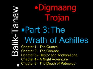 Digmaang Trojan Part 3: The Wrath of Achilles Chapter 1 - The Quarrel Chapter 2 - The Combat Chapter 3 - Hector and Andromache Chapter 4 - A Night Adventure Chapter 5 - The Death of Patroclus Balik-Tanaw 