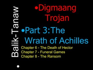 Digmaang Trojan Part 3: The Wrath of Achilles Chapter 6 - The Death of Hector Chapter 7 - Funeral Games Chapter 8 - The Ransom Balik-Tanaw 