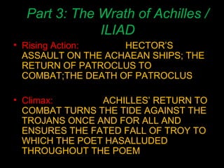 Part 3: The Wrath of Achilles / ILIAD Rising Action:  HECTOR’S ASSAULT ON THE ACHAEAN SHIPS; THE RETURN OF PATROCLUS TO COMBAT;THE DEATH OF PATROCLUS Climax: ACHILLES’ RETURN TO COMBAT TURNS THE TIDE AGAINST THE TROJANS ONCE AND FOR ALL AND ENSURES THE FATED FALL OF TROY TO WHICH THE POET HASALLUDED THROUGHOUT THE POEM 