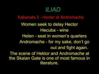 ILIAD Kabanata 3 - Hector at Andromache Women seek to delay Hector Hecuba - wine Helen - seat in women’s quarters Andromache - for my sake, don’t go out and fight again. The scene of Hektor and Andromache at the Skaian Gate is one of most famous in literature. 