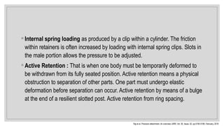 ◦ Internal spring loading as produced by a clip within a cylinder. The friction
within retainers is often increased by loading with internal spring clips. Slots in
the male portion allows the pressure to be adjusted.
◦ Active Retention : That is when one body must be temporarily deformed to
be withdrawn from its fully seated position. Active retention means a physical
obstruction to separation of other parts. One part must undergo elastic
deformation before separation can occur. Active retention by means of a bulge
at the end of a resilient slotted post. Active retention from ring spacing.
Raj et al. Precision attachment- An overview IJIRR, Vol. 05, Issue, 02, pp.5195-5199, February, 2018
 