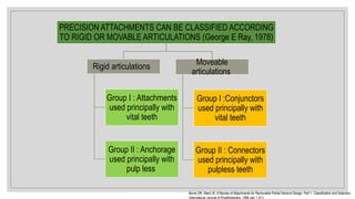 PRECISION ATTACHMENTS CAN BE CLASSIFIED ACCORDING
TO RIGID OR MOVABLE ARTICULATIONS (George E Ray, 1978)
Rigid articulations
Group I : Attachments
used principally with
vital teeth
Group II : Anchorage
used principally with
pulp less
Moveable
articulations
Group I :Conjunctors
used principally with
vital teeth
Group II : Connectors
used principally with
pulpless teeth
Burns DR, Ward JE. A Review of Attachments for Removable Partial Denture Design: Part 1. Classification and Selection.
International Journal of Prosthodontics. 1990 Jan 1;3(1).
 