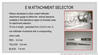 E M ATTACHMENT SELECTOR
◦ Matsuo developed a colour coded millimeter
attachment guage to define the vertical clearance
available in the edentulous region of occluded casts
for attachment selection.
75 mm in length, graduated from 3 to 8 in mm, in
one millimeter increments with a corresponding
colour code.
RED- 3-4 mm
YELLOW- 5-6 mm
BLACK- 7-8 mm
Merrill C Mensor; Classification and selection of attachments; J Prosthet Dent 1973 29(1); 494- 496
 