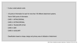 ◦ 5 colour coded selector cards
◦ -30 points of information for each for more than 105 different attachment systems.
- Total of 3000 points of information.
- CARD 1- INTRACORONAL
- CARD 2- EXTRACORONAL
- CARD 3- TELESCOPE STUD
- CARD 4- BAR
- CARD 5- AUXILIARY
- Classification based on shape, design and primary area of utilization of attachment.
Merrill C Mensor; Classification and selection of attachments; J Prosthet Dent 1973 29(1); 494- 496
 