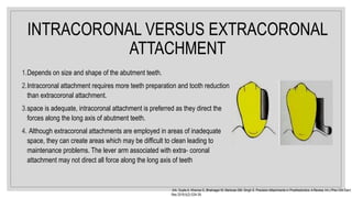 INTRACORONAL VERSUS EXTRACORONAL
ATTACHMENT
1.Depends on size and shape of the abutment teeth.
2.Intracoronal attachment requires more teeth preparation and tooth reduction
than extracoronal attachment.
3.space is adequate, intracoronal attachment is preferred as they direct the
forces along the long axis of abutment teeth.
4. Although extracoronal attachments are employed in areas of inadequate
space, they can create areas which may be difficult to clean leading to
maintenance problems. The lever arm associated with extra coronal
‑
attachment may not direct all force along the long axis of teeth
Arti, Gupta A, Khanna G, Bhatnagar M, Markose GM, Singh S. Precision Attachments in Prosthodontics: A Review. Int J Prev Clin Dent
Res 2018;5(2):S34 39.
‑
 