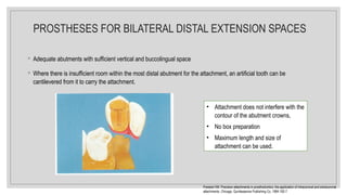 ◦ Adequate abutments with sufficient vertical and buccolingual space
◦ Where there is insufficient room within the most distal abutment for the attachment, an artificial tooth can be
cantilevered from it to carry the attachment.
• Attachment does not interfere with the
contour of the abutment crowns,
• No box preparation
• Maximum length and size of
attachment can be used.
Preiskel HW. Precision attachments in prosthodontics: the application of intracoronal and extracoronal
attachments. Chicago: Quintessence Publishing Co, 1984:192-7
PROSTHESES FOR BILATERAL DISTAL EXTENSION SPACES
 
