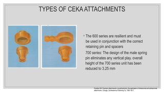 ◦ The 600 series are resilient and must
be used in conjunction with the correct
retaining pin and spacers
TYPES OF CEKAATTACHMENTS
700 series: The design of the male spring
pin eliminates any vertical play. overall
height of the 700 series unit has been
reduced to 3.25 mm
Preiskel HW. Precision attachments in prosthodontics: the application of intracoronal and extracoronal
attachments. Chicago: Quintessence Publishing Co, 1984:192-7
 