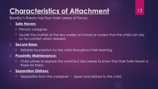 13
Characteristics of Attachment
Bowlby’s theory has four main areas of focus;
1. Safe Haven:
 Primary caregiver.
 Usually the mother or the key worker at school or nursery that the child can rely
on for comfort when needed.
2. Secure Base:
 Reliable foundation for the child throughout their learning.
3. Proximity Maintenance:
 Child wishes to explore the world but also needs to know that their Safe Haven is
there for them.
4. Separation Distress:
 Separation from the caregiver  Upset and distress to the child.
 