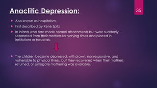 35
Anaclitic Depression:
 Also known as hospitalism.
 First described by René Spitz
 In infants who had made normal attachments but were suddenly
separated from their mothers for varying times and placed in
institutions or hospitals.
 The children became depressed, withdrawn, nonresponsive, and
vulnerable to physical illness, but they recovered when their mothers
returned, or surrogate mothering was available.
 