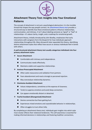 Attachment Theory Test and Insights into Your Emotional Patterns | PDF
