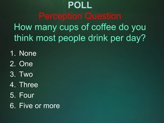 POLL
       Perception Question
 How many cups of coffee do you
 think most people drink per day?
1.   None
2.   One
3.   Two
4.   Three
5.   Four
6.   Five or more
 