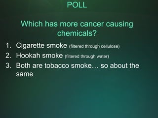 POLL

     Which has more cancer causing
              chemicals?
1. Cigarette smoke (filtered through cellulose)
2. Hookah smoke (filtered through water)
3. Both are tobacco smoke… so about the
   same
 