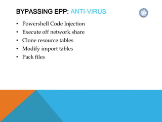 BYPASSING EPP: ANTI-VIRUS
• Powershell Code Injection
• Execute off network share
• Clone resource tables
• Modify import tables
• Pack files
 