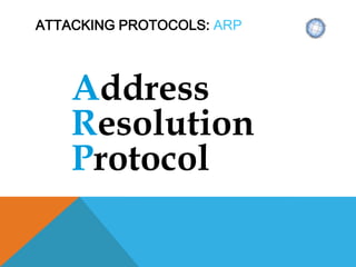 ATTACKING PROTOCOLS: ARP
Address
Resolution
Protocol
 