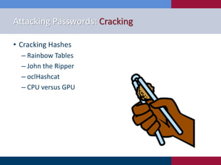 Attacking Passwords: Cracking
• Cracking Hashes
‒ Rainbow Tables
‒ John the Ripper
‒ oclHashcat
‒ CPU versus GPU
 