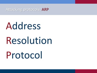 Attacking protocols: ARP
Address
Resolution
Protocol
 
