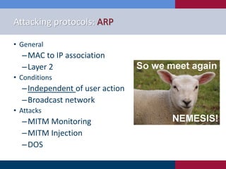 Attacking protocols: ARP
• General
‒MAC to IP association
‒Layer 2
• Conditions
‒Independent of user action
‒Broadcast network
• Attacks
‒MITM Monitoring
‒MITM Injection
‒DOS
 