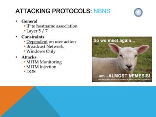 ATTACKING PROTOCOLS: NBNS
• General
 IP to hostname association
 Layer 5 / 7
• Constraints
 Dependent on user action
 Broadcast Network
 Windows Only
• Attacks
 MITM Monitoring
 MITM Injection
 DOS
 
