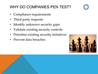 WHY DO COMPANIES PEN TEST?
• Compliance requirements
• Third party requests
• Identify unknown security gaps
• Validate existing security controls
• Prioritize existing security initiatives
• Prevent data breaches
 