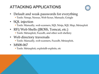 ATTACKING APPLICATIONS
• Default and weak passwords for everything
 Tools: Nmap, Nessus, Web Scour, Manuals, Google
• SQL injection
 Tools: Manually, web scanners, SQL Ninja, SQL Map, Metasploit
• RFI/Web Shells (JBOSS, Tomcat, etc.)
 Tools: Metasploit, Fuzzdb, and other web shellery
• Web directory traversals
 Tools: Manually, web scanners, Fuzzdb, Metasploit,
• MS08-067
 Tools: Metasploit, exploitdb exploits, etc
 