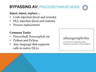 BYPASSING AV: PROCESS/THREAD MODS
Inject, inject, replace…
• Code injection (local and remote)
• DLL injection (local and remote)
• Process replacement
Common Tools:
• Powershell: Powersploit, etc
• Python and Py2exe
• Any language that supports
calls to native DLLs
 