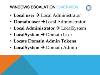 WINDOWS ESCALATION: OVERVIEW
• Local user  Local Administrator
• Domain user Local Administrator
• Local Administrator  LocalSystem
• LocalSystem  Domain User
• Locate Domain Admin Tokens
• LocalSystem  Domain Admin
 