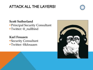 ATTACK ALL THE LAYERS!
Scott Sutherland
Principal Security Consultant
Twitter: @_nullbind
Karl Fosaaen
Security Consultant
Twitter: @kfosaaen
 